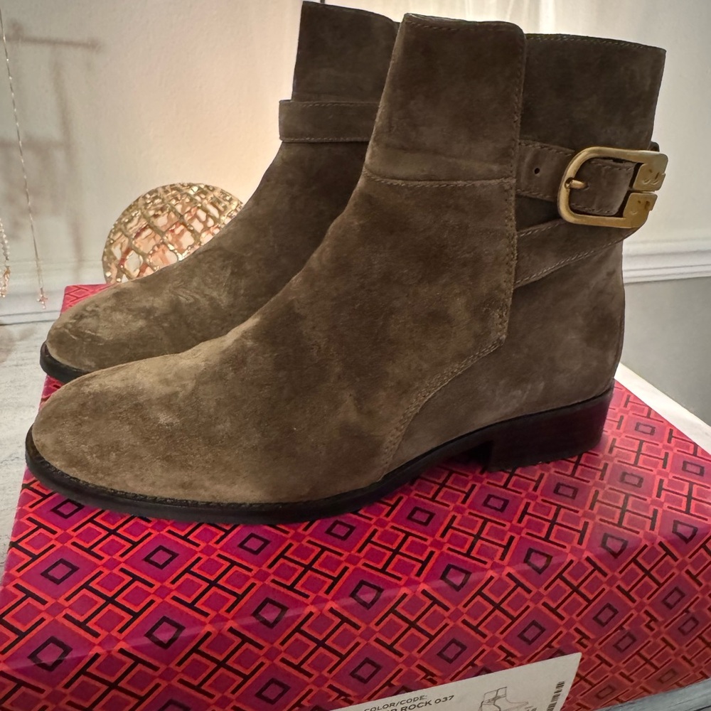 Tory Burch Brown Ankle Boots with Gold Buckle